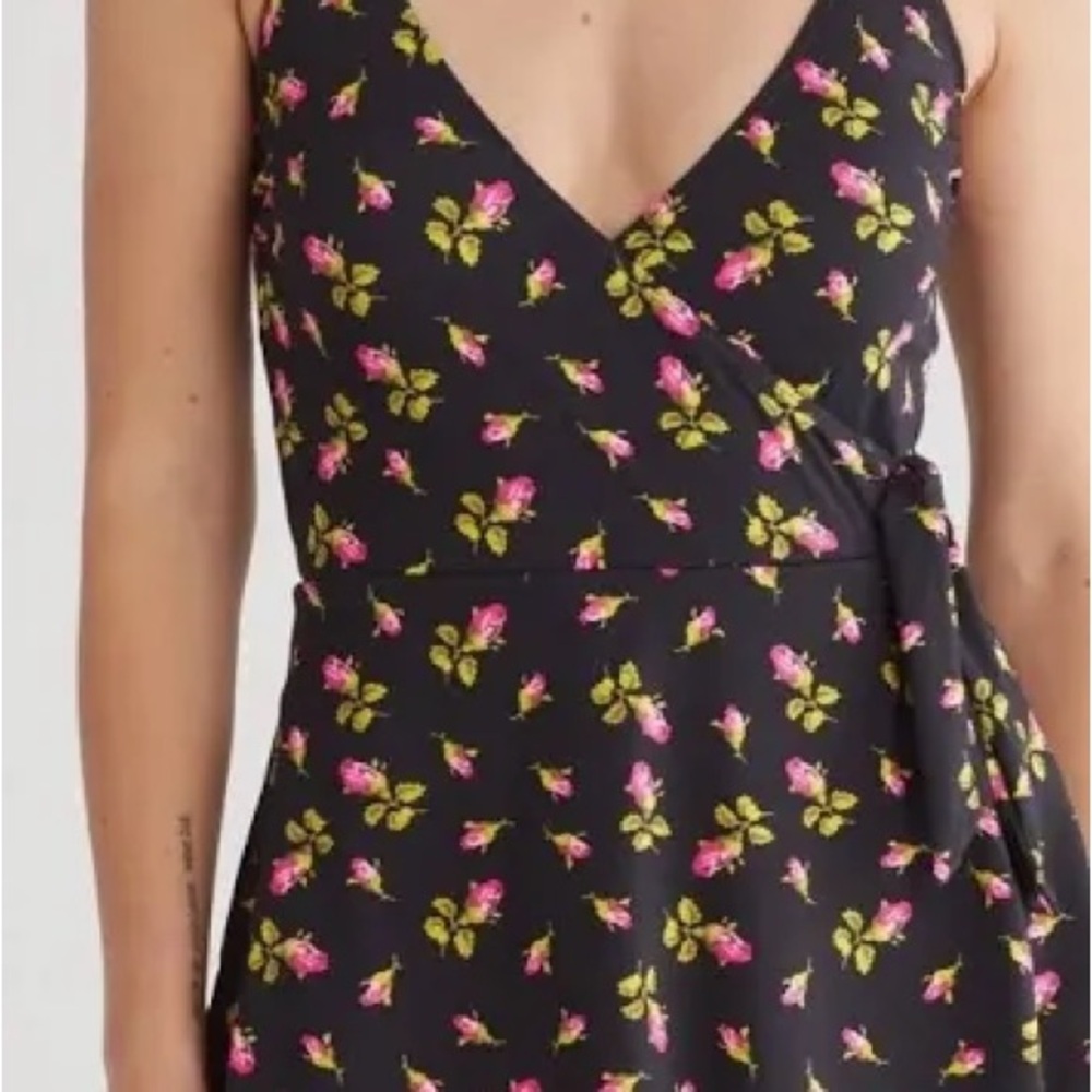 Black Floral Wrap Dress with Pink Rose Print